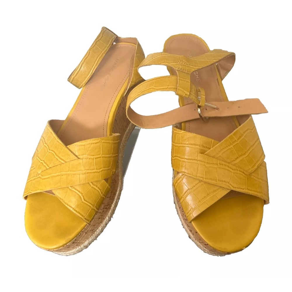 Marc Fisher Yellow Vegan Platform Wedge Espadrille Sandal Ankle Strap Size 9 1/2